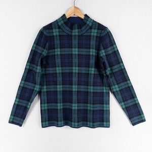 Lands' End Sweater Womens Sz Medium Blue Green Plaid Pullover Mock Neck Casual